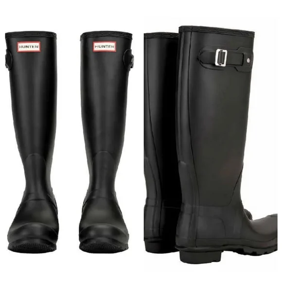 Matte Black Original Hunter Tall Knee High Rubber Rain Boots - Picture 1 of 10